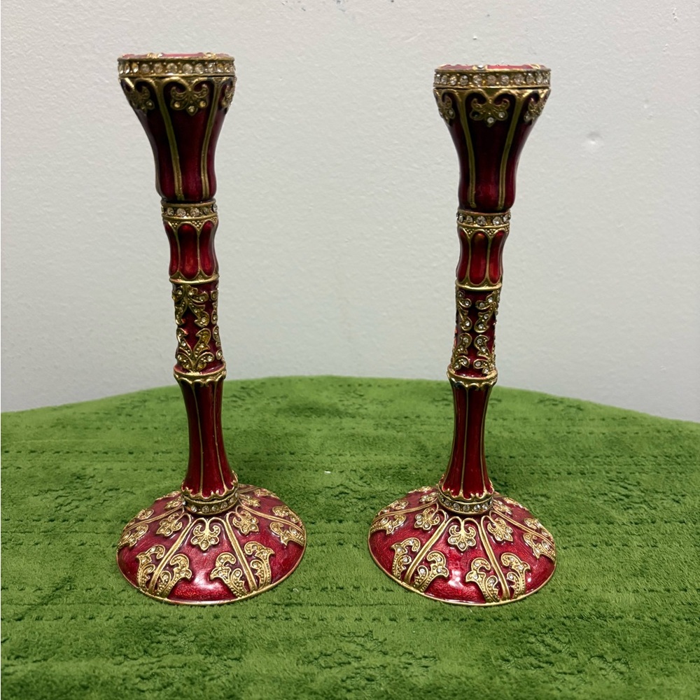 Elegant Red and Gold Brass Candle Holders